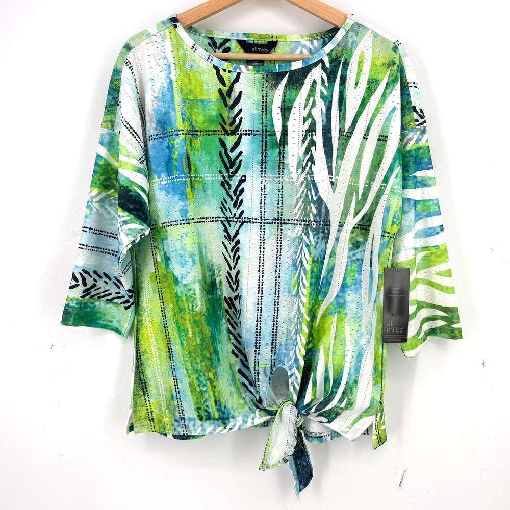 Ali Miles Green Blue Abstract Tie Front Shirt Womens Sz XL 3/4 Sleeve
